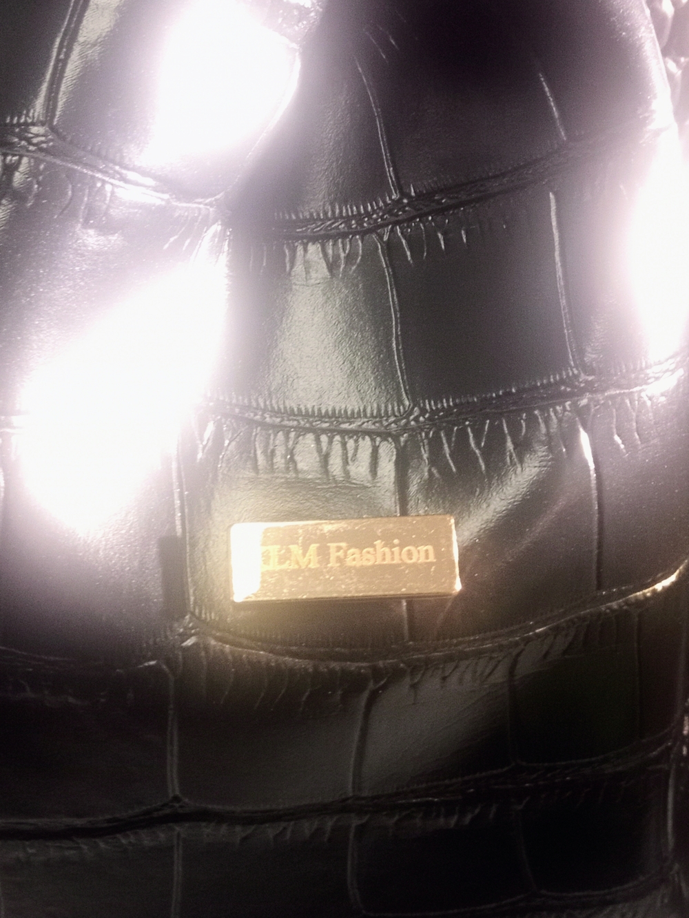 KLM Fashion Black Croc-Embossed Tote with Gold Plaque